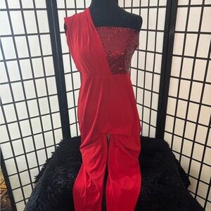One-Shoulder Red Sequin Jumpsuit
